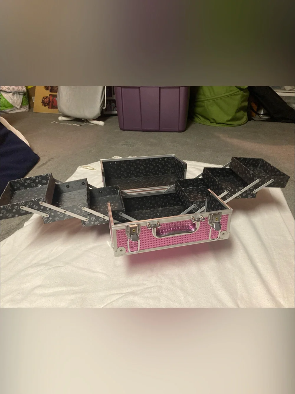 Metallic Pink Portable Makeup Storage Case with Silver Trim